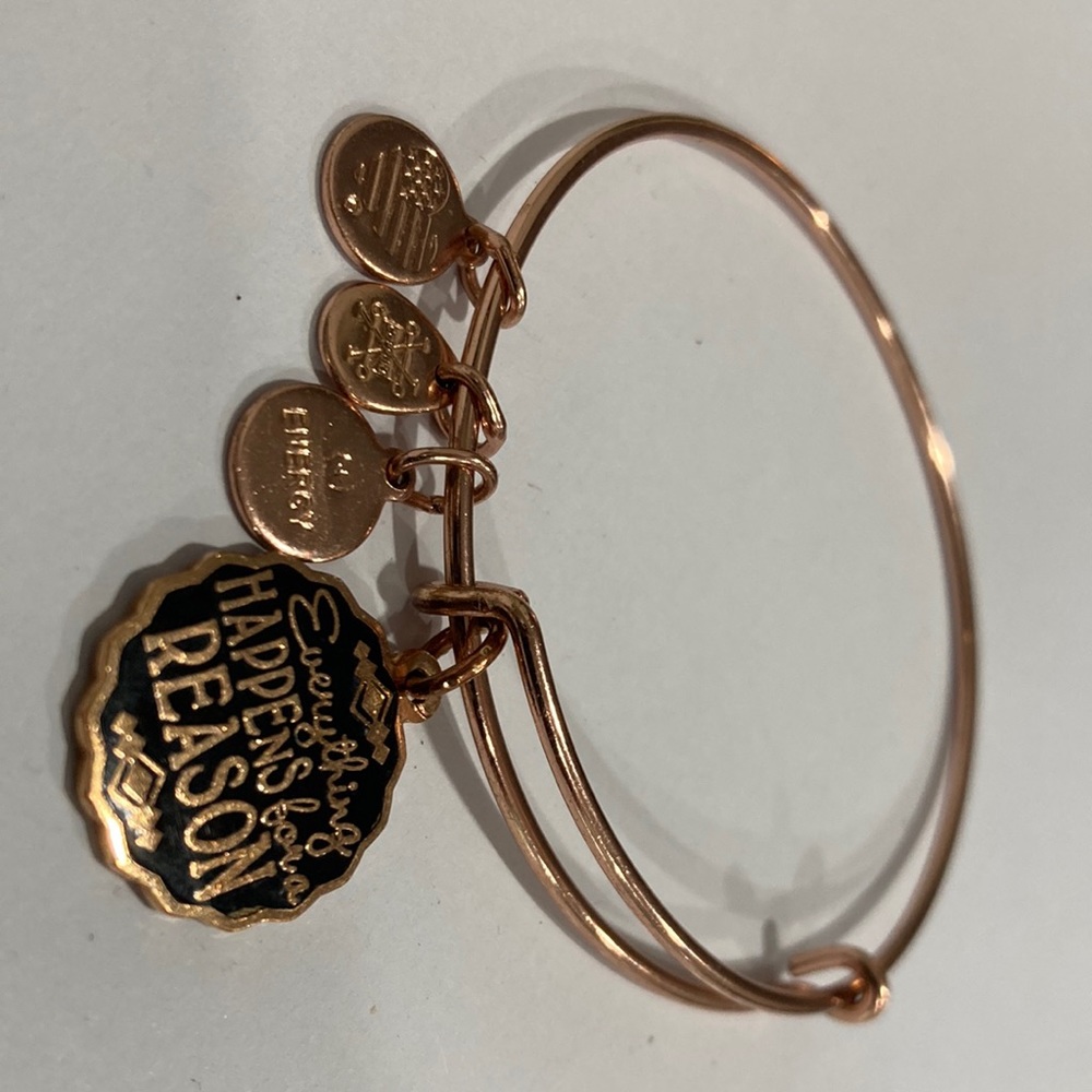Alex and ani pink gold charm bracelet enamel “everything happens for a reason”.